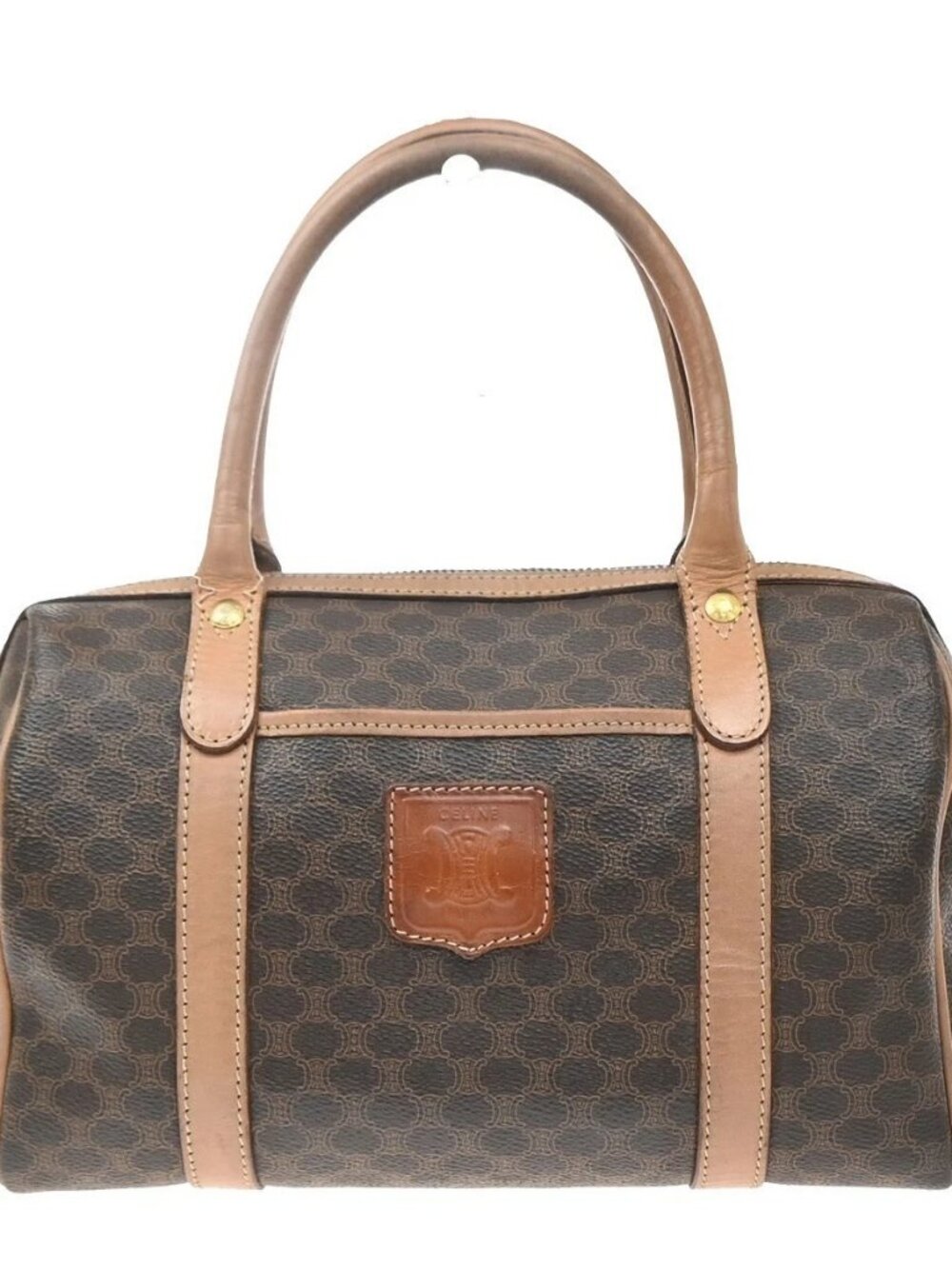 CELINE Logo Macadam Pattern Boston Hand Bag PVC Leather Brown GHW Italy 63KD462